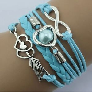 Silver Plated Cupid Arrow Faux Leather Blue Stackable Bracelet